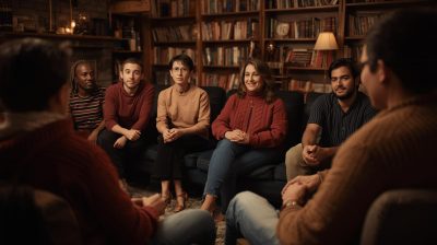 Crea una imagen realista de un grupo de personas sentadas en circulo, escuchado a un orador, en un salon acogedor