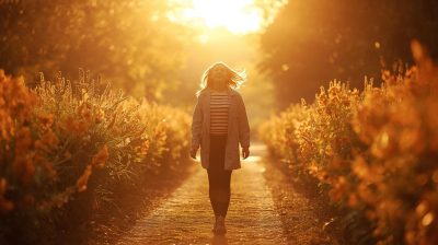 crea un aimagen realista de un ser humano recorriendo un camino feliz