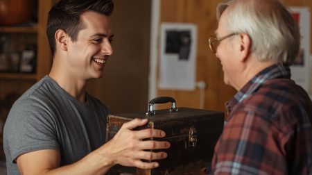 crea una imagen realista de un hombre feliz entregando una caja de herramientas a su padre